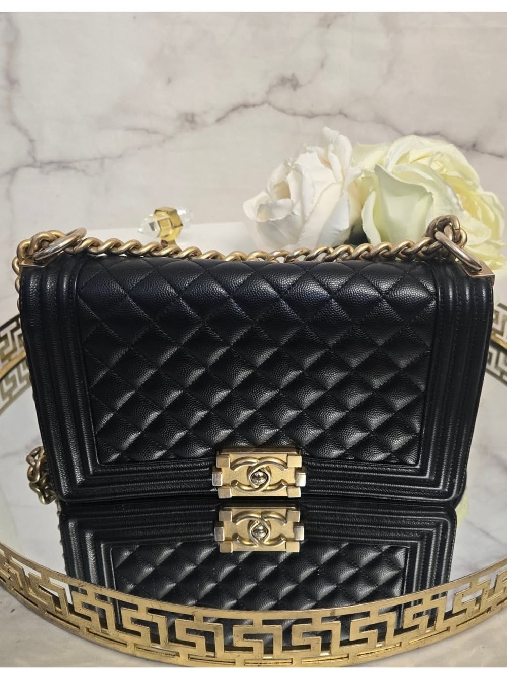 CHANEL Black Quilted Boy Shoulder Bag with Gold Hardware Caviar size Medium